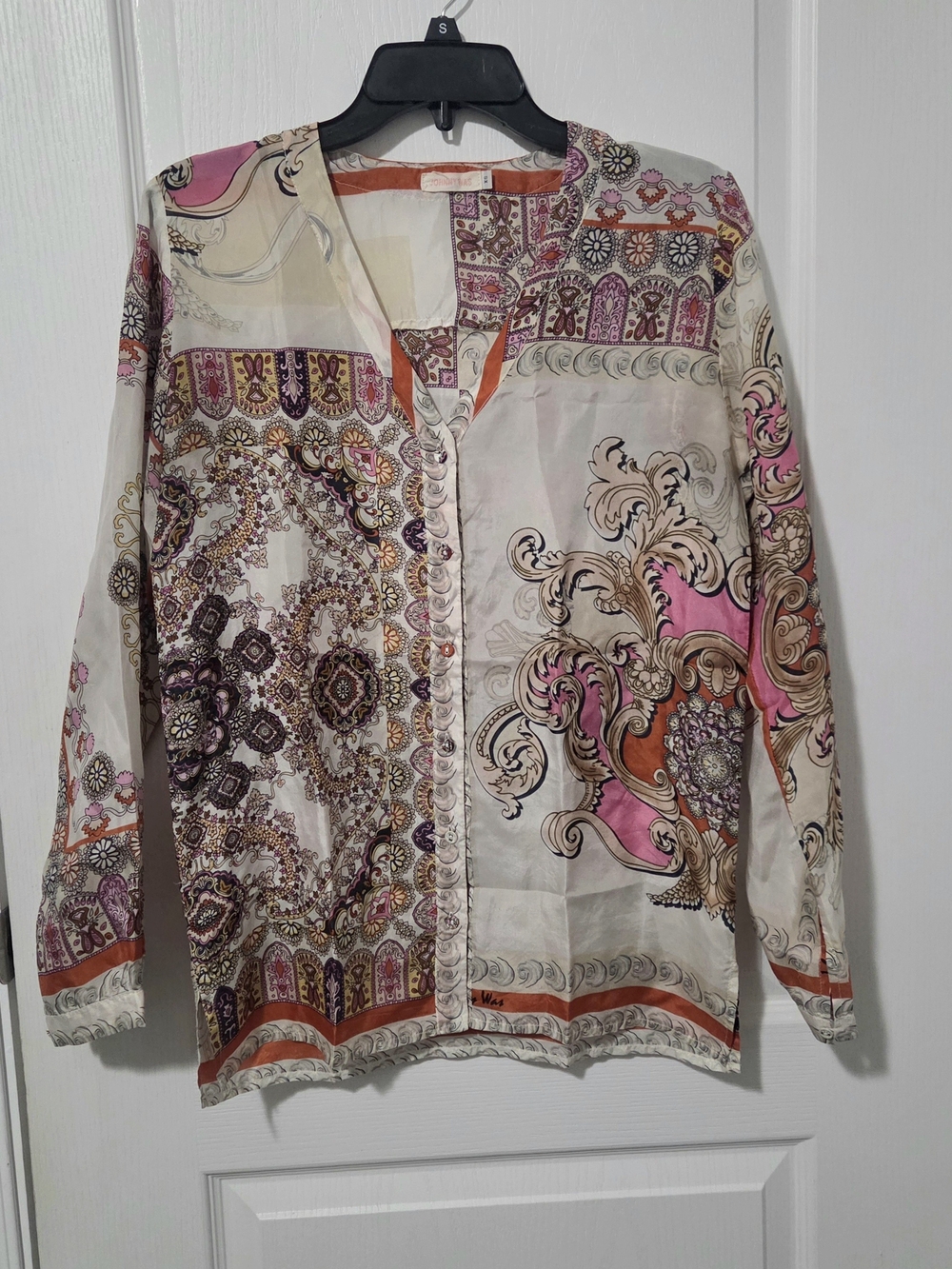 Johnny Was Pink, Cream & Orange Silk-Blend Printed Button-Up Blouse